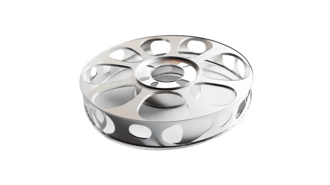 Silver film reel on white transparent background