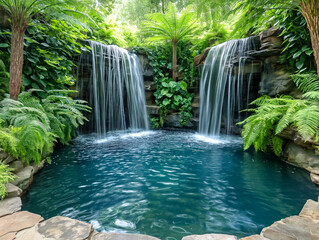 A beautiful waterfall is surrounded by lush green plants and trees. The water is crystal clear and the atmosphere is serene and peaceful