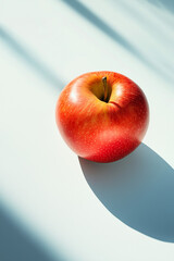 Top view of an apple on a white and light blue background, with hard shadows, in a minimalist style. This is a studio photography product shot with bright light, sharp focus, and professional 