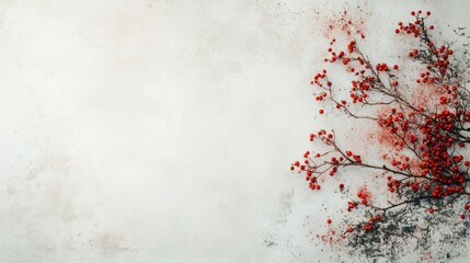 Branch with red berries on white background. Flat lay, top view.