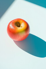 Top view of an apple on a white and light blue background, with hard shadows, in a minimalist style. This is a studio photography product shot with bright light, sharp focus, and professional 