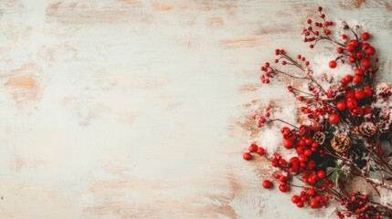 Christmas background with red berries, pine cones and snow on rustic wooden board.