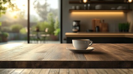 A Cup of Coffee on a Wooden Tabletop with a Blurred Kitchen Background