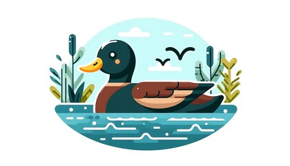 a duck swimming in lake, flat design of a duck swimmig in lake 