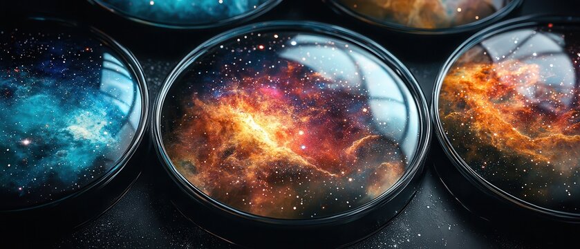 Stunning cosmic designs captured in glass, revealing vibrant galaxies and nebulae in a surreal artistic display.