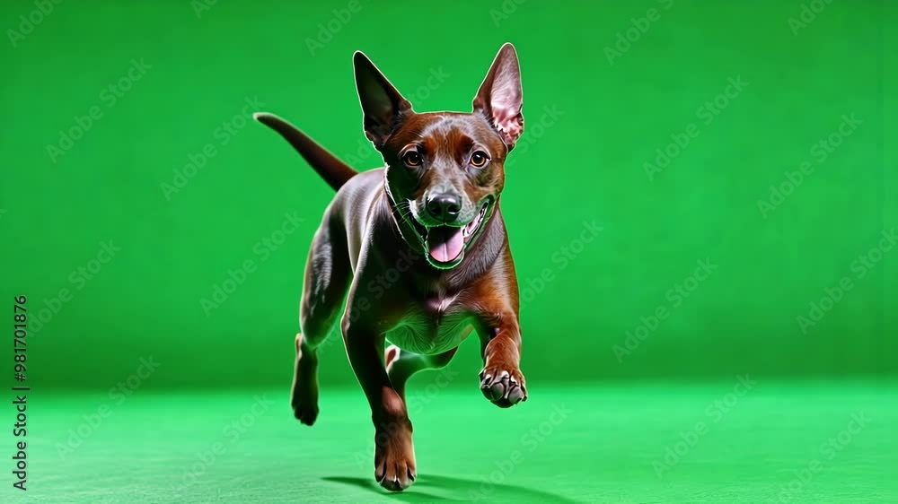 Poster joyful dog running and leaping on a vibrant green screen, perfect for creative projects. ideal for c