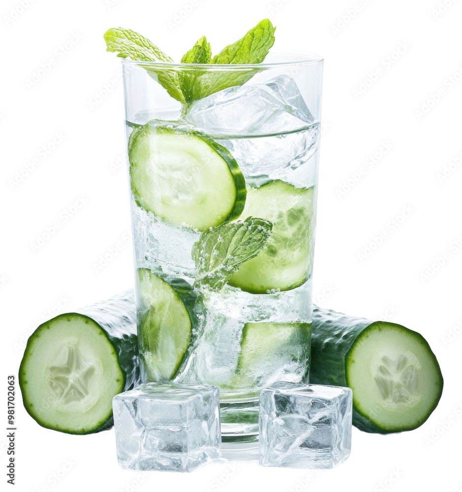 Poster refreshing cucumber mint drink served over ice isolated on transparent background