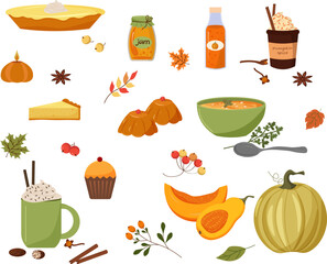 Autumn set. Pumpkin spice latte in a cup and a takeaway cup. Pastries and pumpkins. Spices - cloves, cinnamon and anise, nutmeg. Vector illustration
