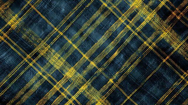 Grunge plaid pattern with yellow stripes on a blue background.