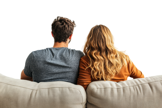 Couple relaxing on a couch in cozy living room isolated on transparent background