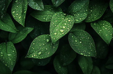 Obraz premium Dense Foliage with Dew Drops Imparting a Sense of Freshness and Morning Serenity