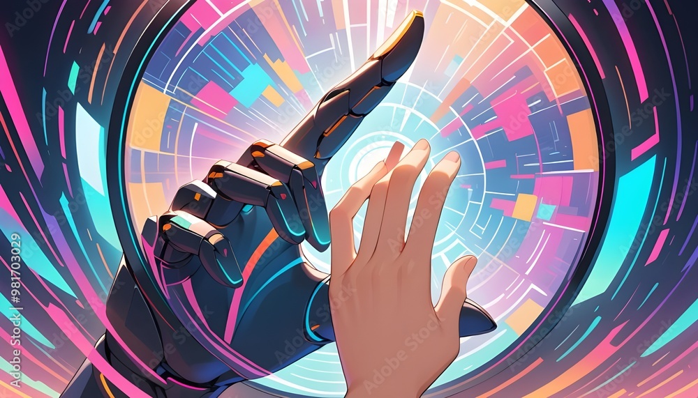 Aufkleber a close-up shot of a human finger and a robotic finger interacting with a transparent touch screen d