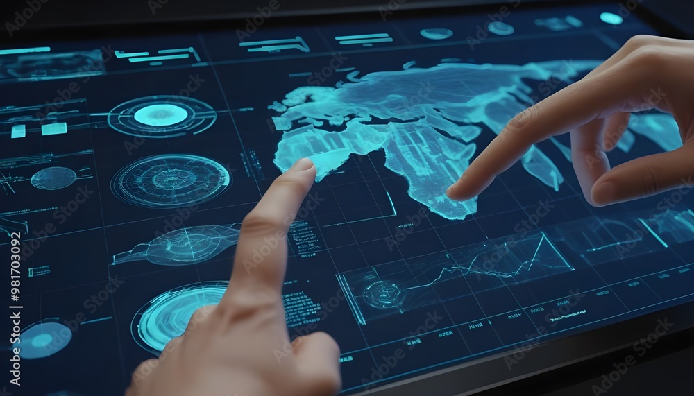 Poster a close-up shot of a human finger and a robotic finger interacting with a transparent touch screen d