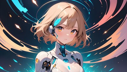 A illustration, futuristic humanoid robot, primarily white and metallic in color, with a highly detailed and exposed mechanical structure. 