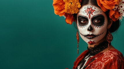 A woman dressed in traditional attire for Dia de los Muertos stands against a teal background, adorned with floral headpieces and striking sugar skull makeup, copy space