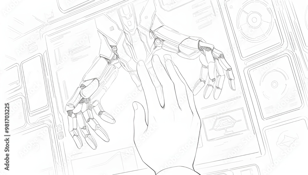 Aufkleber a close-up shot of a human finger and a robotic finger interacting with a transparent touch screen d