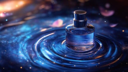 A mystical blue perfume bottle floats serenely in rippling water, surrounded by stars and gentle hues of cosmic beauty.