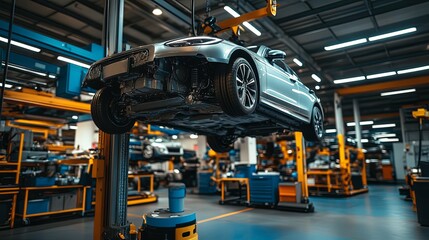Car Undergoing Assembly on a Conveyor Belt in a Factory