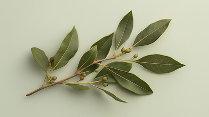 bay leaf  with bay leaves and berries against an isolated soft light gray background