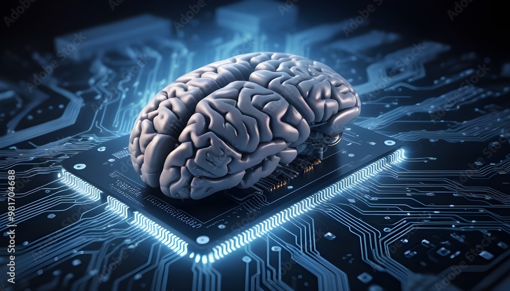 Poster artificial intelligence background, banner, no text, the left part of the image is empty, brain chip