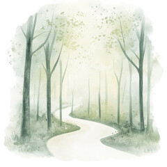 A serene forest with a winding path bathed in soft light, perfect for storytelling and calming imagery. Ideal for books, sophrology, and children's tales.