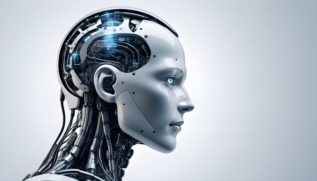 A sleek, futuristic artificial intelligence humanoid robot, primarily white and metallic in color, with a highly detailed and exposed mechanical structure.