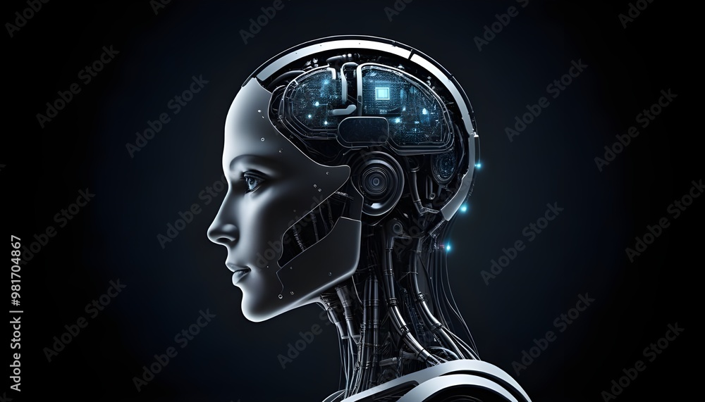 Poster artificial intelligence dark background, no text, the left part of the image is empty for banner.