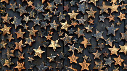 Many golden stars are randomly placed on a black wooden background.