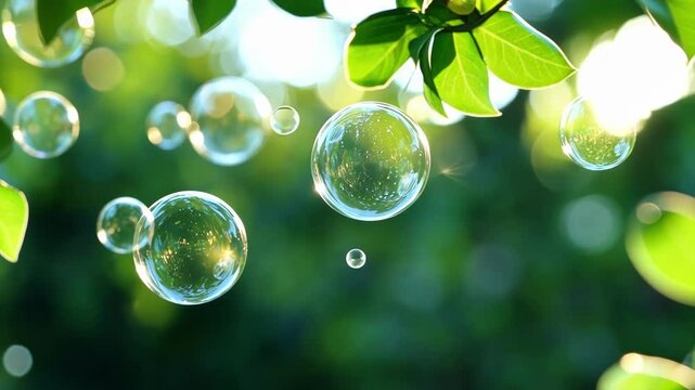 Soap bubbles floating in the air with green leaves and sunlight in the background, evoking nature, freshness, and cleanness