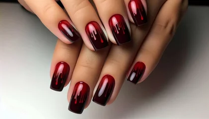 A close-up of a hand with glossy ombre manicure transitioning from deep red to black.  