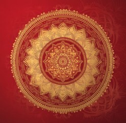 Intricate Mandala with Ornate Golden Patterns on Red Background