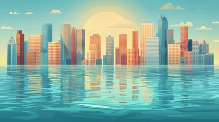 Fototapeta premium Weather Climate Change Coastal city flooding with rising sea levels, representing climate change consequences, no face, flat design illustration