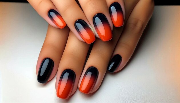 A close-up of a hand with nails painted in a gradient design transitioning from black to orange to white.

