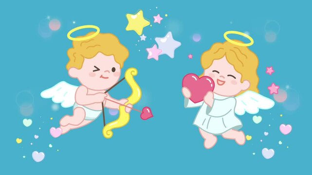 illustration of two baby angels of love as the embodiment of the god of romance facing each other with colorful ornaments on a blue background