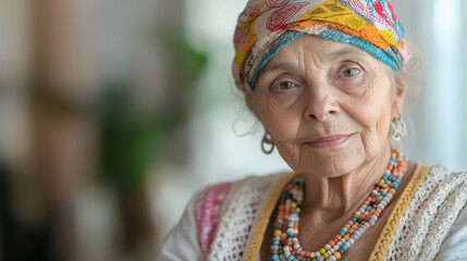Fototapeta premium An elderly woman with an enchanting smile showcases her vibrant hippie style through colorful headwear and layered jewelry, radiating warmth and wisdom
