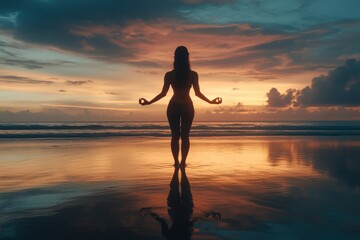 Silhouette lady practice yoga for healthy on the beach with twilight sky background , ai