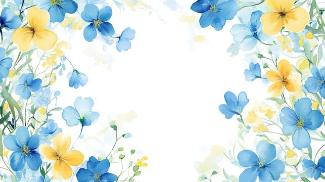Watercolor blue and yellow flowers on a white background, with a small floral border and an empty center area for writing, copy space, spring mood