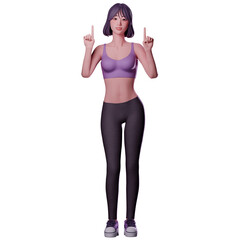 Beauty sport girl in sport wear pointing upward with both hands, 3D  character render