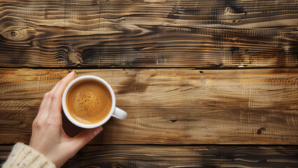 Top view of a hand holding a cup of coffee on a rustic wooden table, ideal for cozy or autumn-themed visuals.