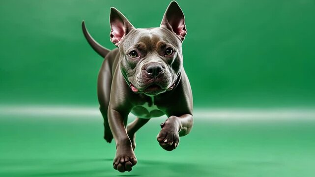Muscular gray pitbull dog running towards the camera on a seamless green screen background, perfect for compositing and visual effects