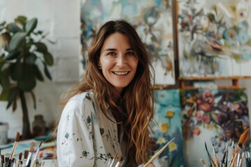 Joyful woman painting a vibrant scene on a blank canvas