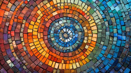 A detailed circular mosaic crafted from fragmented glass and ceramics, displaying radiant colors and unique textures, arranged symmetrically