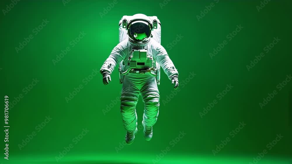 Poster astronaut in a white space suit is hovering in mid air with a green screen background, ideal for rep
