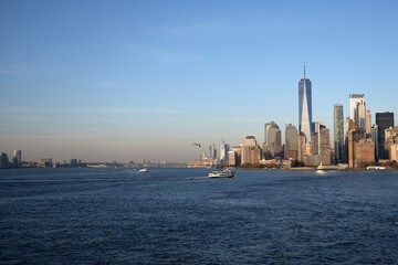 NYC, NY. New York City Skyline with Urban Skyscrapers USA. Lower Manhattan and One World Trade...
