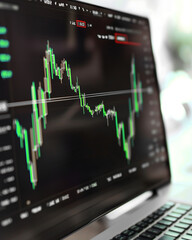 A computer screen displays a fluctuating stock price graph with a green line moving up and down, representing market activity and financial data.
