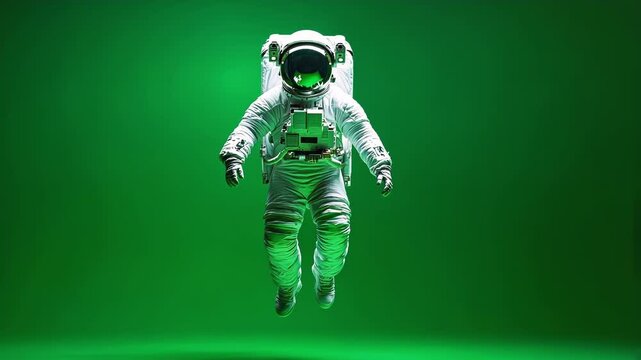 Astronaut in a white space suit is hovering in mid air with a green screen background, ideal for replacing with any image