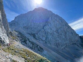 Veliki Mangart or Big Mangart peak in the Julian Alps, Strmec na Predelu (Triglav National Park,...