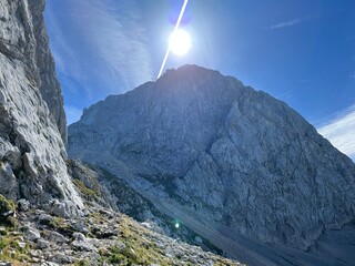 Veliki Mangart or Big Mangart peak in the Julian Alps, Strmec na Predelu (Triglav National Park,...