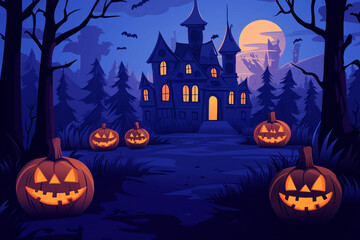 Halloween night background with spooky pumpkins, a haunted house, and dark trees. Halloween concept illustration design. Cartoon vector illustration for a Halloween party invitation or poster. Space f