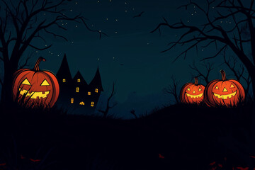 Halloween night background with spooky pumpkins, a haunted house, and dark trees. Halloween concept illustration design. Cartoon vector illustration for a Halloween party invitation or poster. Space f